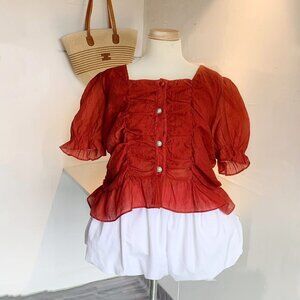 Rust Red Puff Sleeve Peplum Blouse